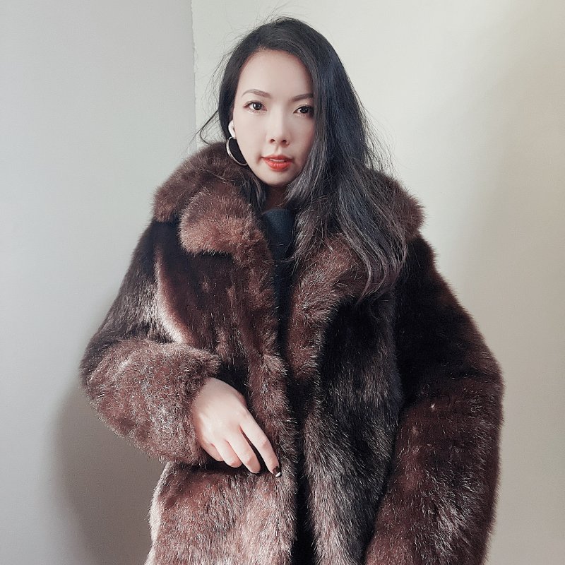 咖棕色膨鬆貴氣華麗長版 古董真皮熊毛皮草毛質大衣外套-0