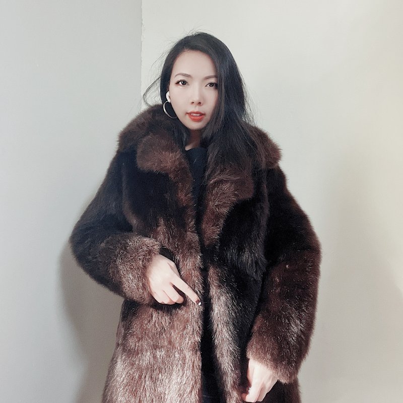 咖棕色膨鬆貴氣華麗長版 古董真皮熊毛皮草毛質大衣外套-1