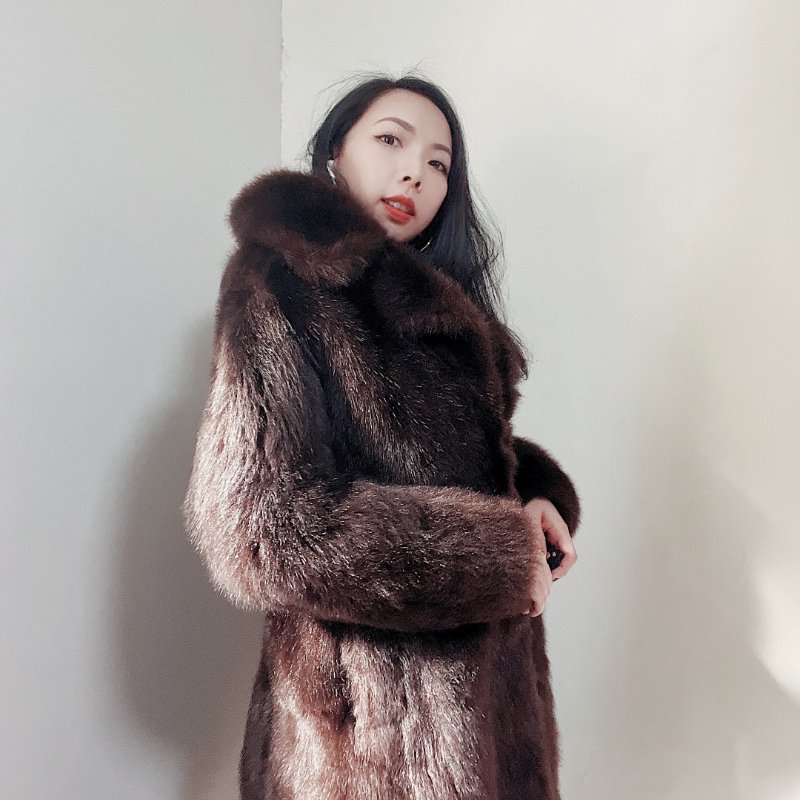 咖棕色膨鬆貴氣華麗長版 古董真皮熊毛皮草毛質大衣外套-2