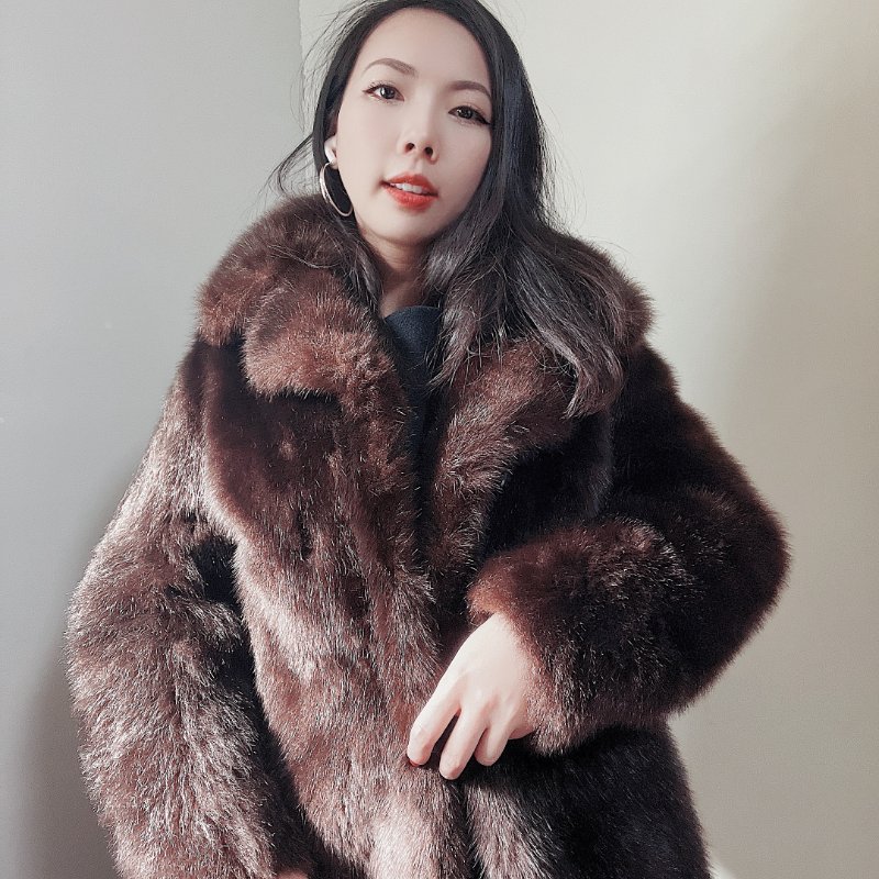 咖棕色膨鬆貴氣華麗長版 古董真皮熊毛皮草毛質大衣外套-3