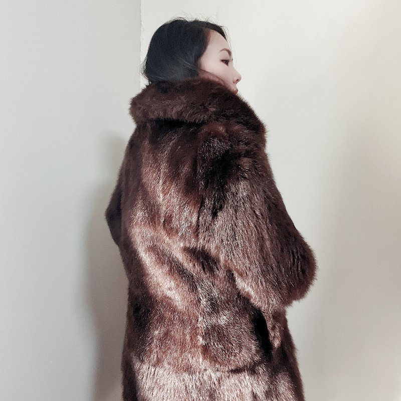 咖棕色膨鬆貴氣華麗長版 古董真皮熊毛皮草毛質大衣外套-4