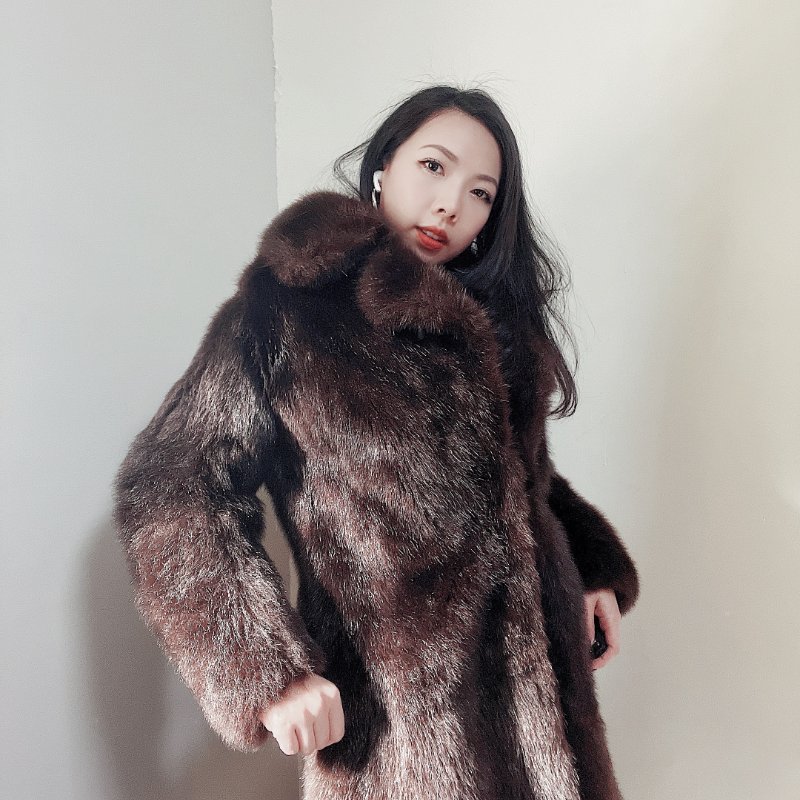 咖棕色膨鬆貴氣華麗長版 古董真皮熊毛皮草毛質大衣外套-5