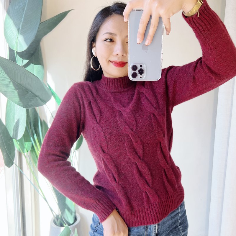 棗紅半立領單面立體麻花 古董羊絨羊毛衣毛衫 cashmere sweater-1