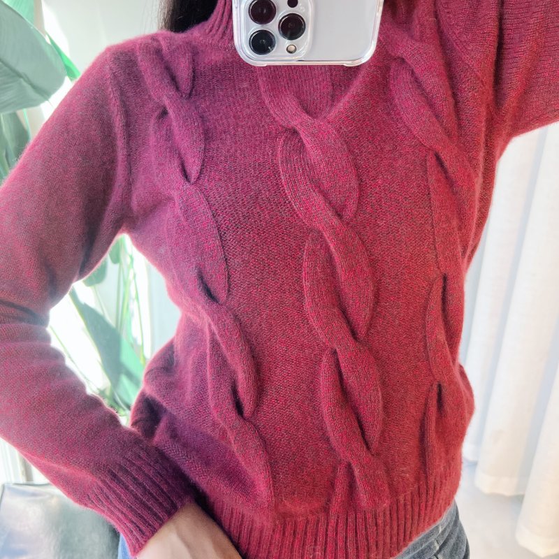 棗紅半立領單面立體麻花 古董羊絨羊毛衣毛衫 cashmere sweater-3