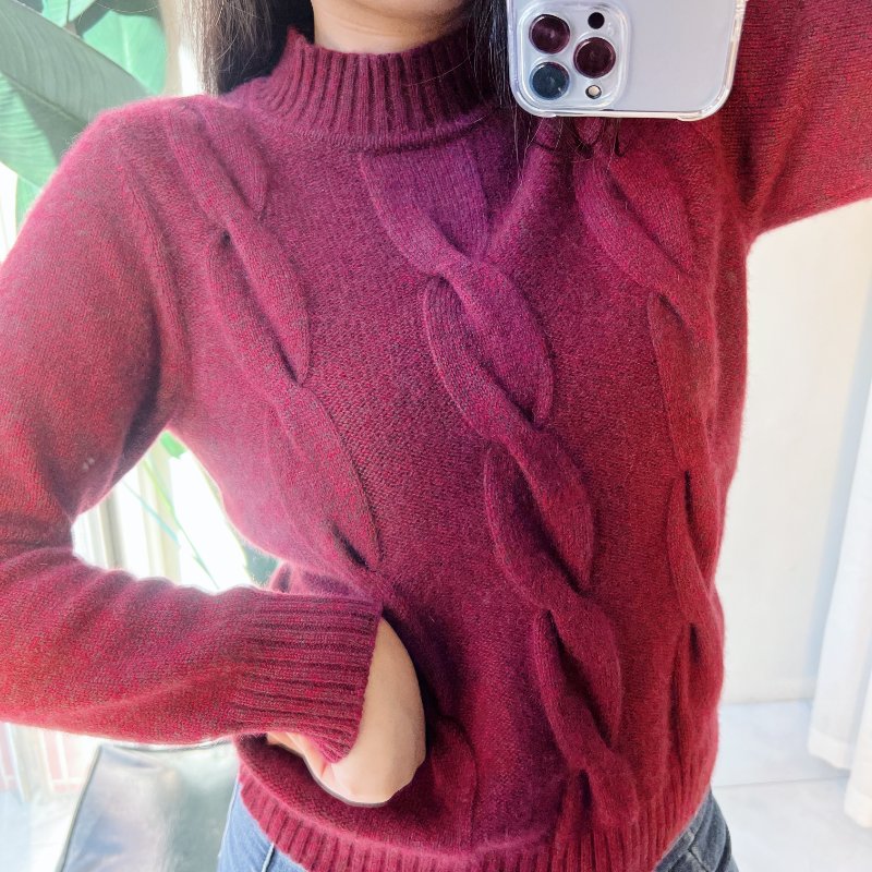 棗紅半立領單面立體麻花 古董羊絨羊毛衣毛衫 cashmere sweater-4