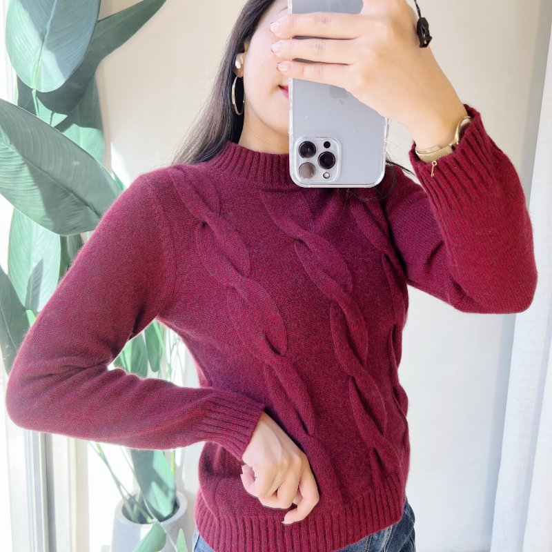 棗紅半立領單面立體麻花 古董羊絨羊毛衣毛衫 cashmere sweater-6