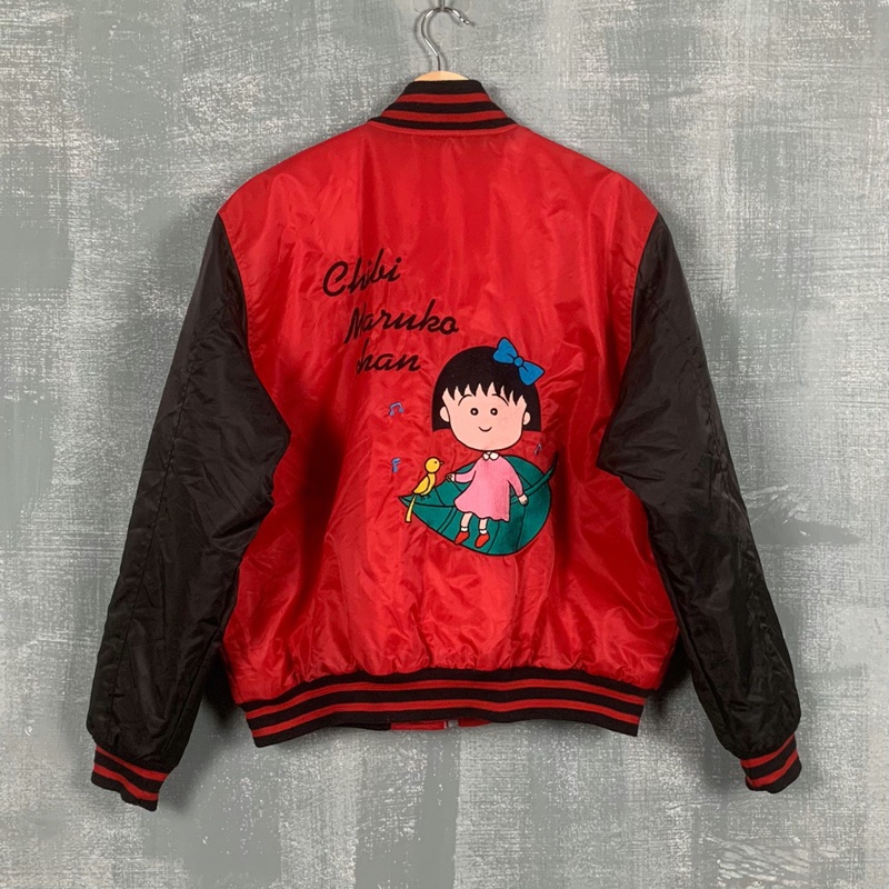 《 福星Flexing✨》櫻桃小丸子 早期 電繡 拼接 拼色 尼龍 棒球外套 夾克 鋪棉 刺繡 圓領 拼布 紅黑 古著 古着 昭和 日系-2