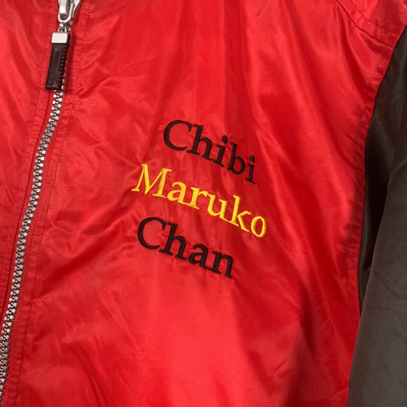 《 福星Flexing✨》櫻桃小丸子 早期 電繡 拼接 拼色 尼龍 棒球外套 夾克 鋪棉 刺繡 圓領 拼布 紅黑 古著 古着 昭和 日系-4