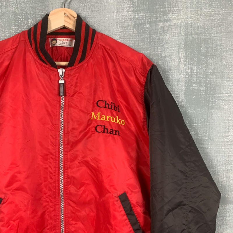 《 福星Flexing✨》櫻桃小丸子 早期 電繡 拼接 拼色 尼龍 棒球外套 夾克 鋪棉 刺繡 圓領 拼布 紅黑 古著 古着 昭和 日系-5