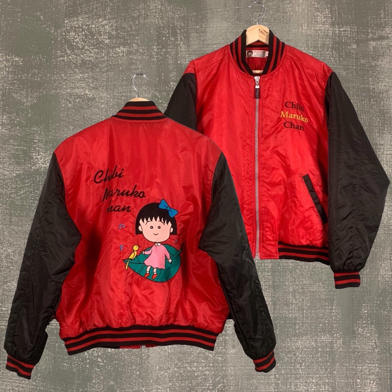 《 福星Flexing✨》櫻桃小丸子 早期 電繡 拼接 拼色 尼龍 棒球外套 夾克 鋪棉 刺繡 圓領 拼布 紅黑 古著 古着 昭和 日系-0