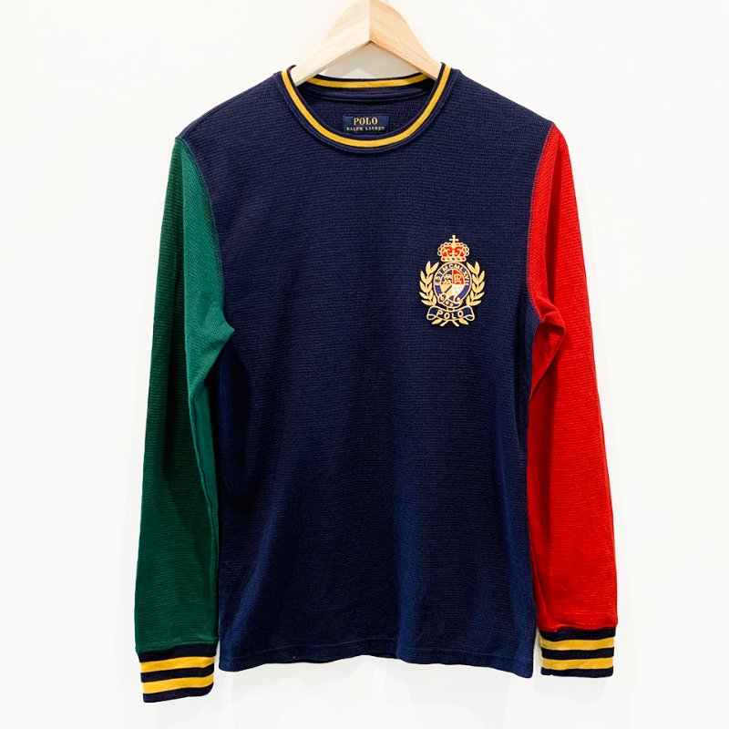 POLO Ralph Lauren 長袖柔軟舒適上衣 深藍色 袖子紅綠雙色 針織LOGO牌 長T【壽司羊羊】二手衣-0