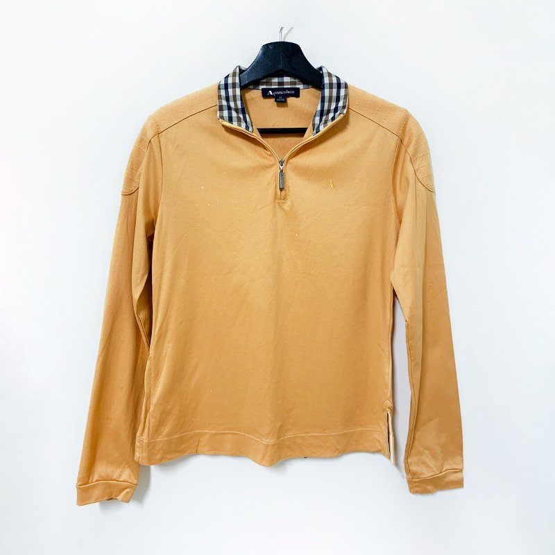 Aquascutum 雅格獅丹 長袖經典格紋領POLO衫 黃色肩膀特殊設計 高爾夫球衣 休閒長袖上衣【壽司羊羊】二手衣-0