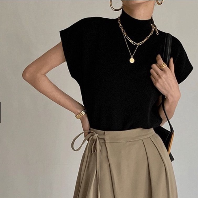 高領套頭寬鬆針織上衣 (黑)-0