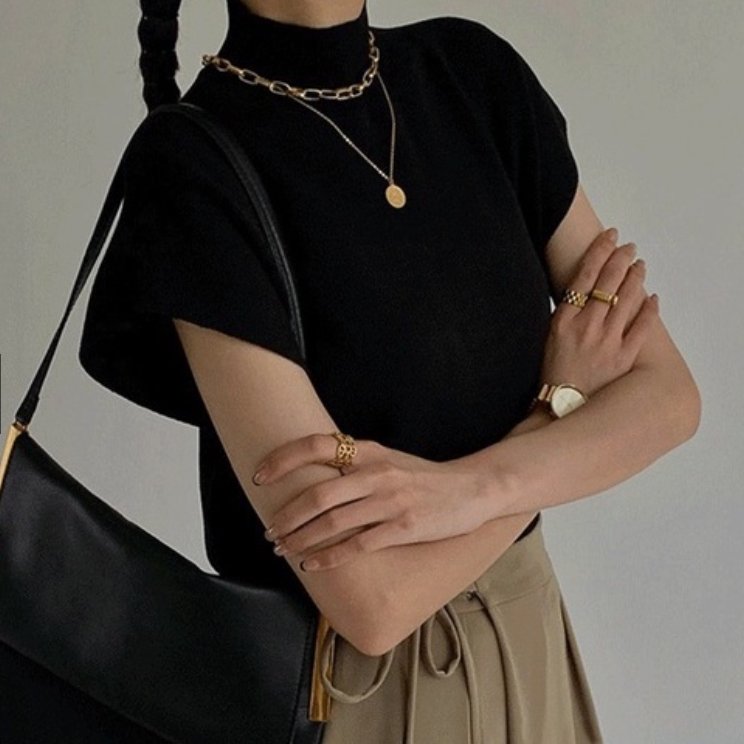 高領套頭寬鬆針織上衣 (黑)-1