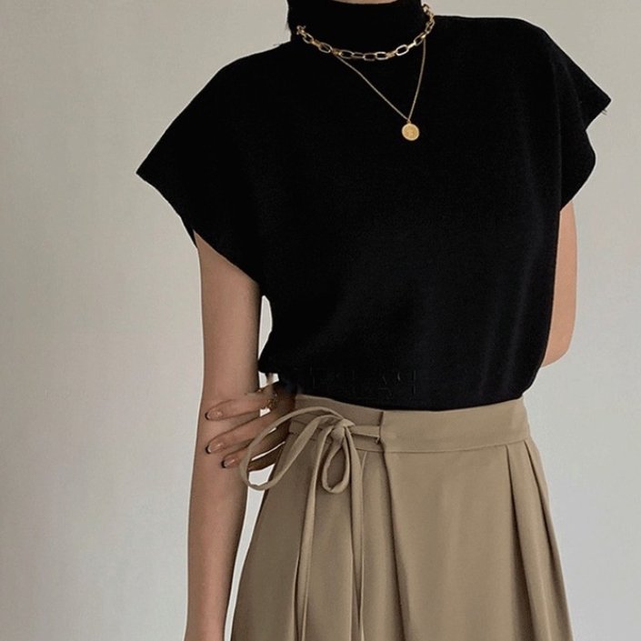 高領套頭寬鬆針織上衣 (黑)-2