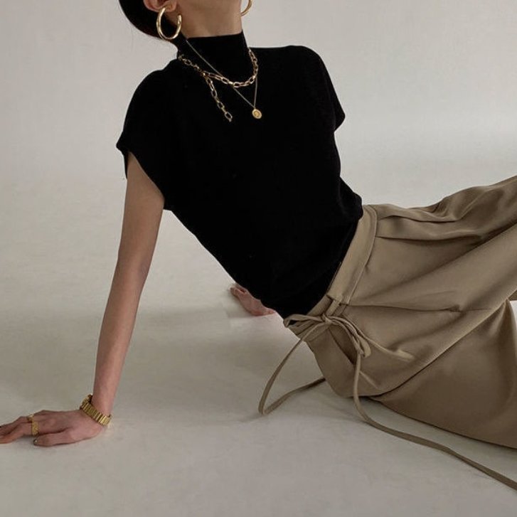 高領套頭寬鬆針織上衣 (黑)-3