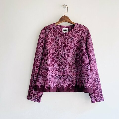 紫咖滿花圖騰前方排釦下開叉 古著紡紗襯衫上衣vintage Shirt