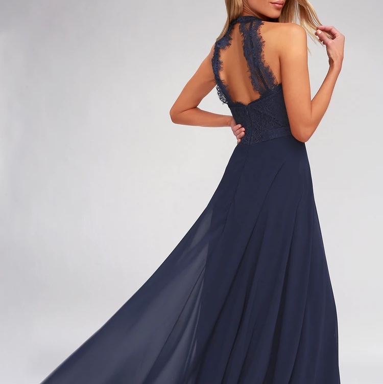 美國品牌Lulus 全新蕾絲露背禮服 藏藍色-0
