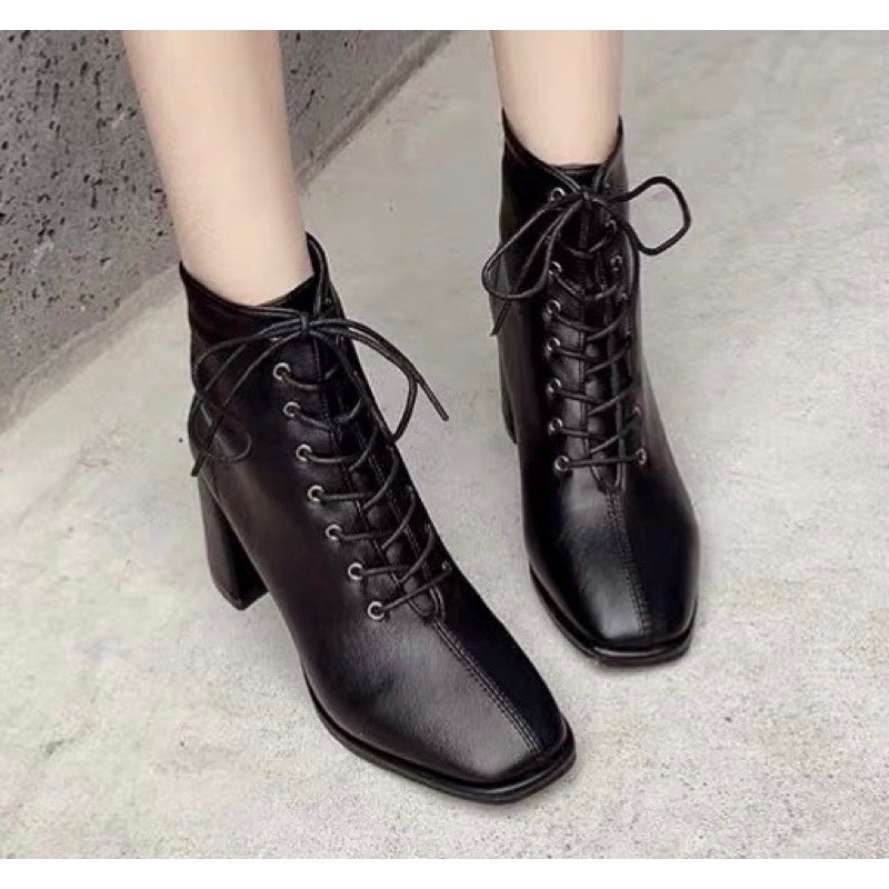 秋冬季綁帶拉鏈高跟女短靴、百搭英倫風方頭粗跟靴-0