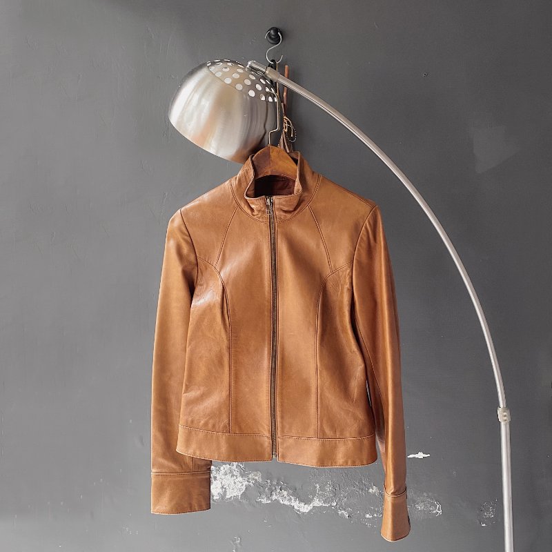 東方日式原色壓紋拼接率性皮衣 古著牛革真皮拉鍊外套 vintage-0