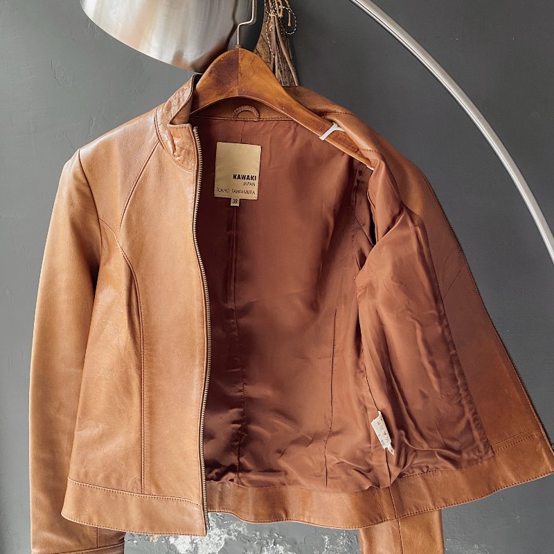 東方日式原色壓紋拼接率性皮衣 古著牛革真皮拉鍊外套 vintage-1