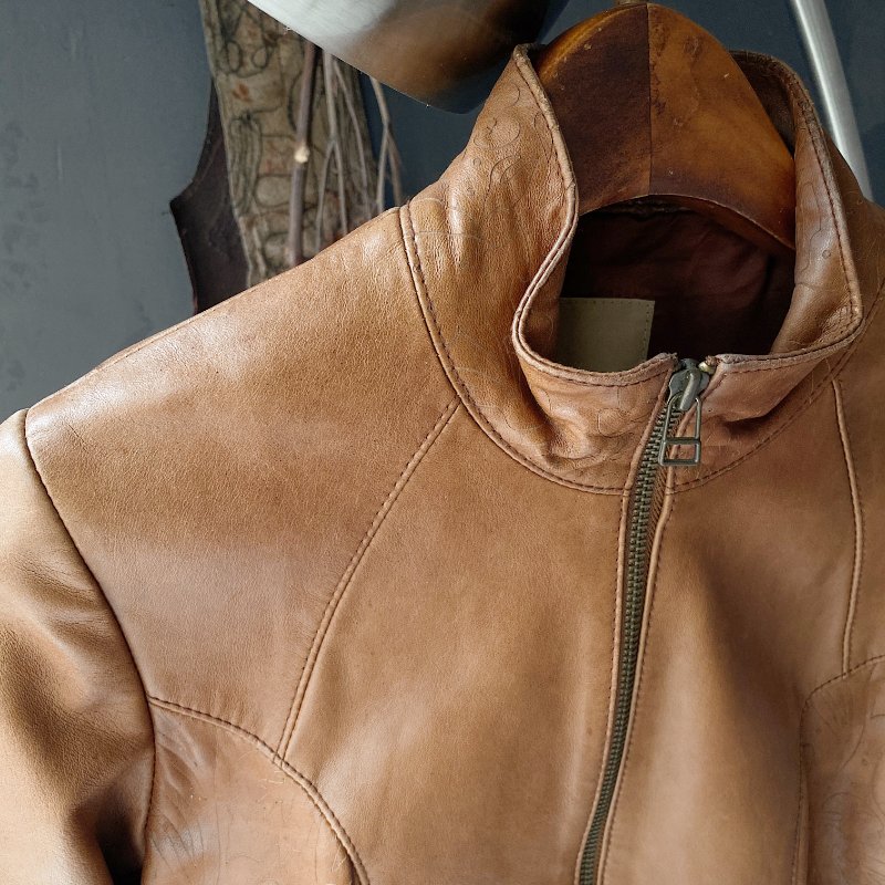 東方日式原色壓紋拼接率性皮衣 古著牛革真皮拉鍊外套 vintage-2