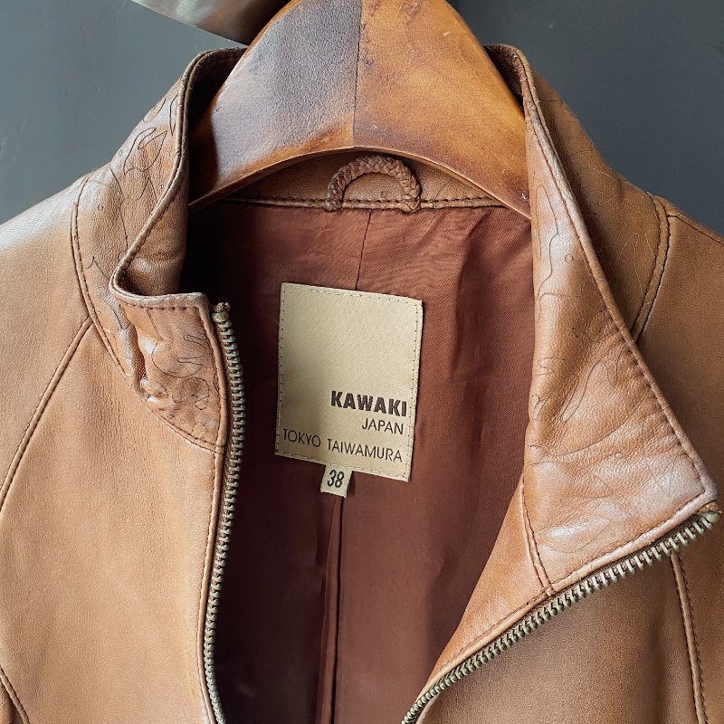 東方日式原色壓紋拼接率性皮衣 古著牛革真皮拉鍊外套 vintage-3