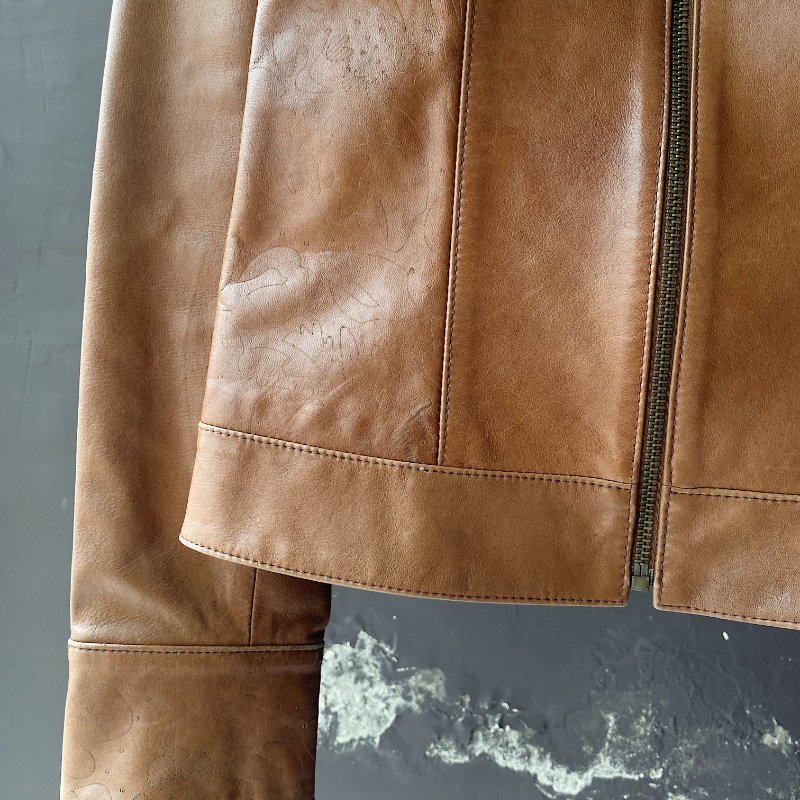 東方日式原色壓紋拼接率性皮衣 古著牛革真皮拉鍊外套 vintage-4