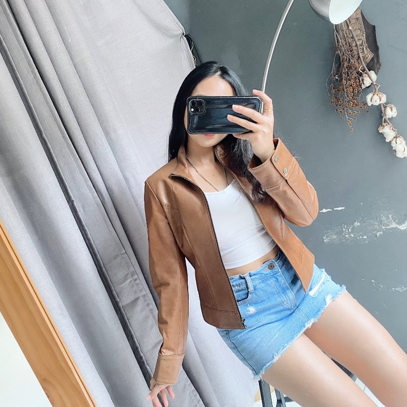 東方日式原色壓紋拼接率性皮衣 古著牛革真皮拉鍊外套 vintage-5