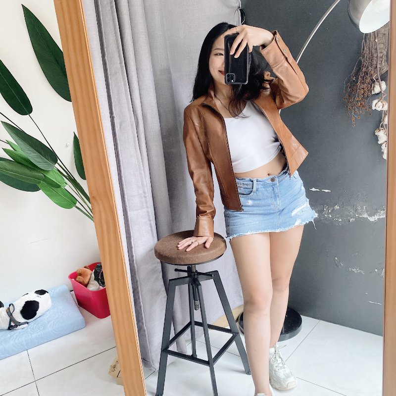 東方日式原色壓紋拼接率性皮衣 古著牛革真皮拉鍊外套 vintage-6