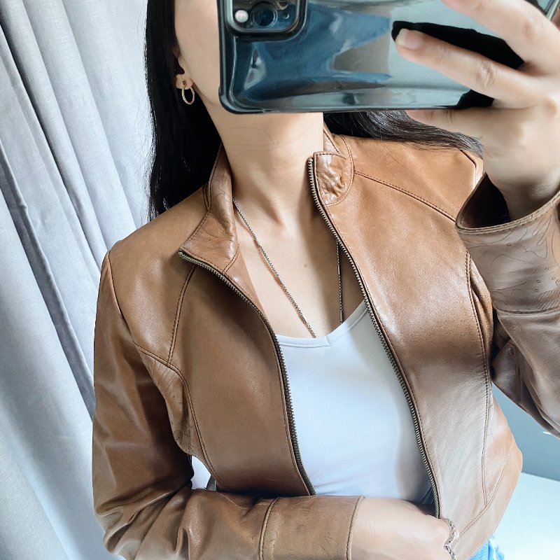 東方日式原色壓紋拼接率性皮衣 古著牛革真皮拉鍊外套 vintage-7