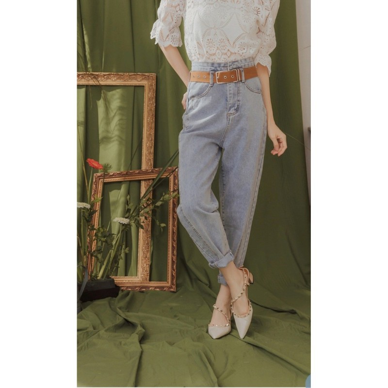 高腰牛仔老爺褲(哈倫褲)附質感設計腰帶-3