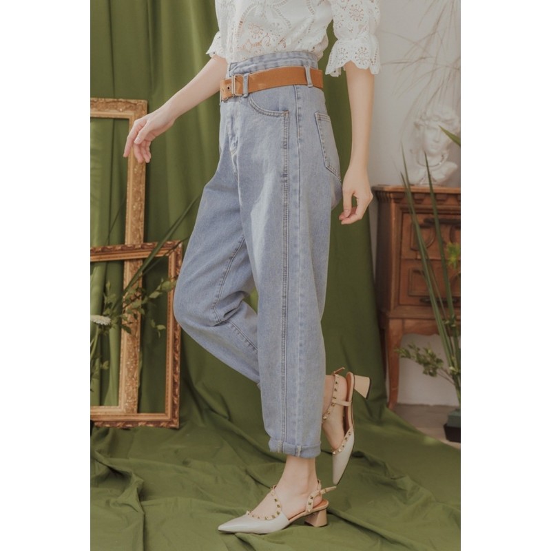 高腰牛仔老爺褲(哈倫褲)附質感設計腰帶-4