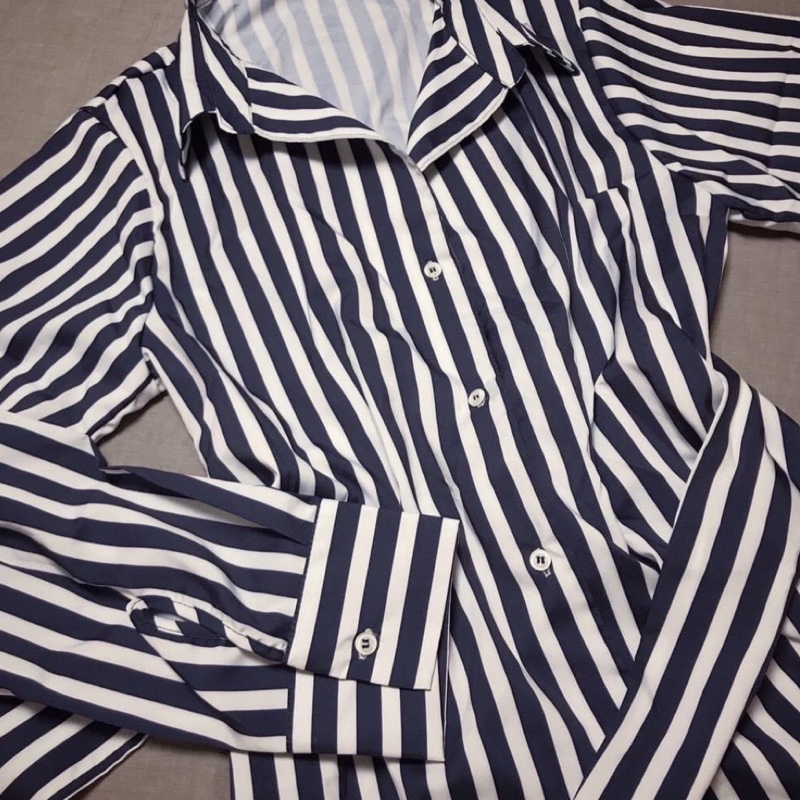 條紋長版綁帶襯衫-3