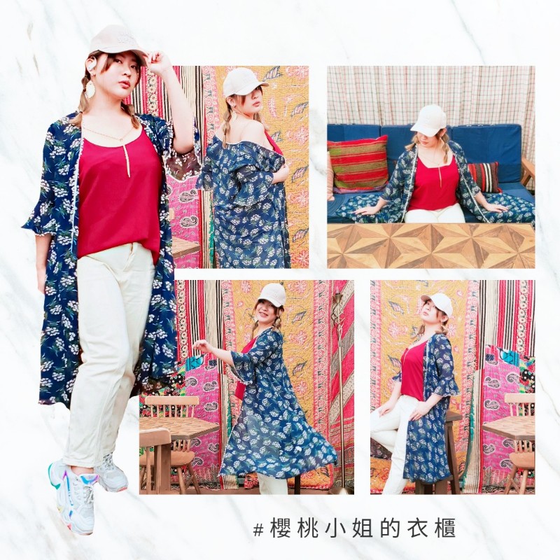 藍色植物圖騰雪紡罩衫-0