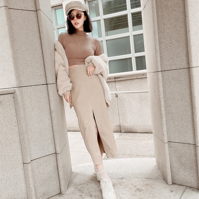 長腿小姊姊高腰質感奶茶色皮裙-0