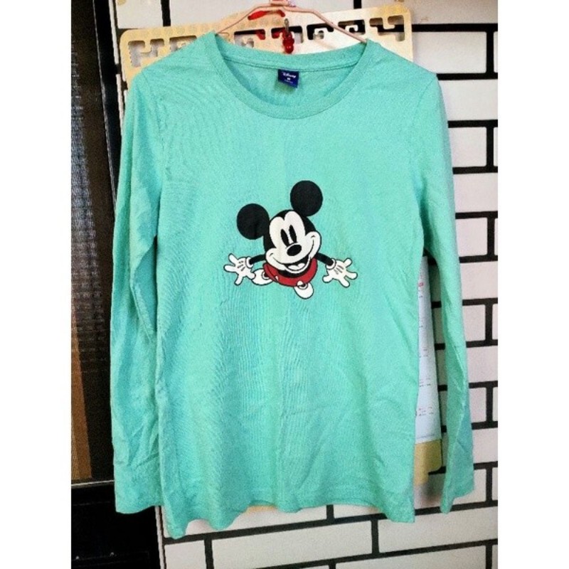 NET 正版 迪士尼 米奇 T恤 圓領 長袖 綠色 上衣-0