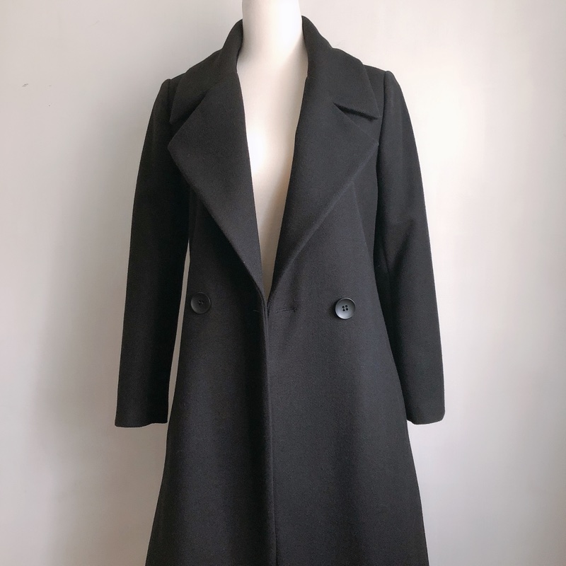 赫本風長版黑色大衣修身外套s-1