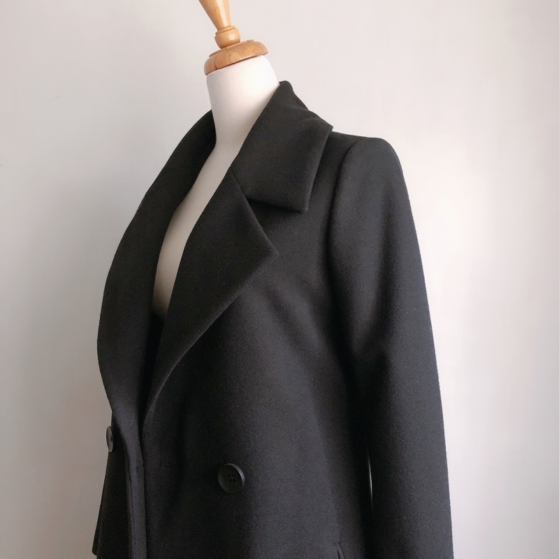 赫本風長版黑色大衣修身外套s-2