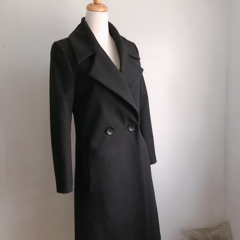 赫本風長版黑色大衣修身外套s-3