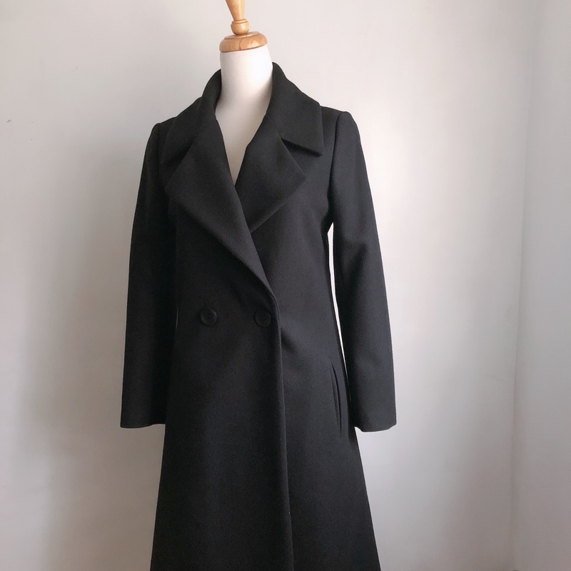 赫本風長版黑色大衣修身外套s-4