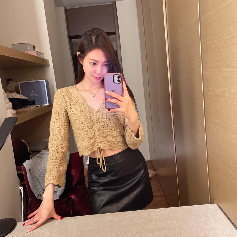 正韓 卡其抽繩洞洞針織毛衣-2