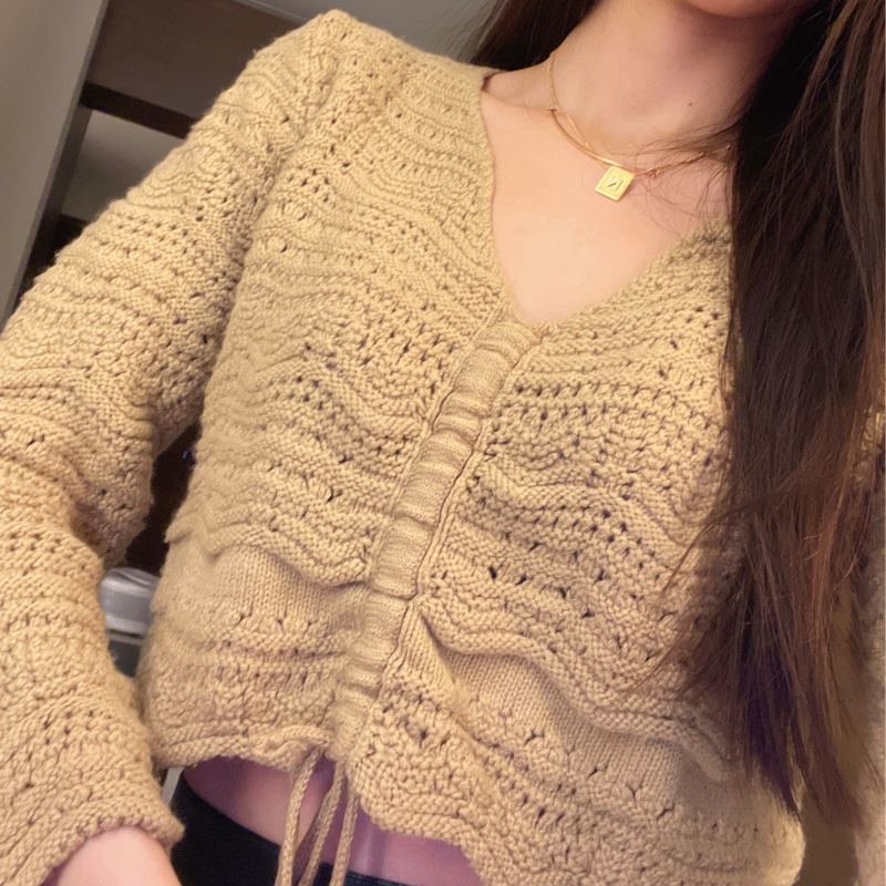 正韓 卡其抽繩洞洞針織毛衣-3