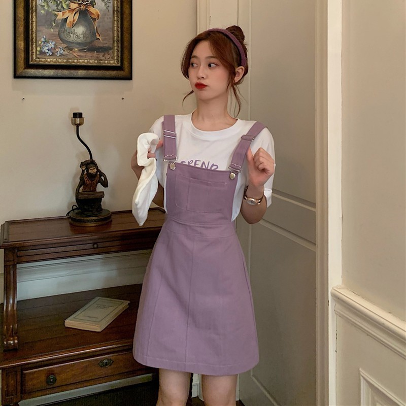 紫色 吊帶裙 後鬆緊 愛心釦 可愛風 約會 百搭 A字裙-0