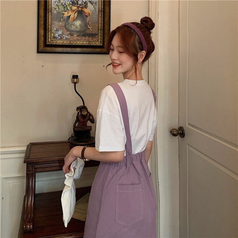 紫色 吊帶裙 後鬆緊 愛心釦 可愛風 約會 百搭 A字裙-1