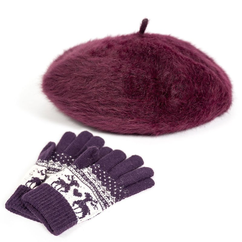 【陳怡君私服】酒紅色海馬毛貝雷帽+紫色系毛線手套-0