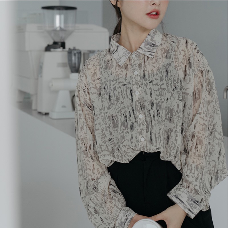 queenshop灰色透膚襯衫-1