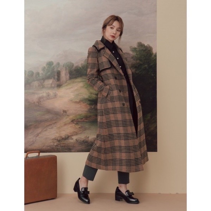 二手 九成新 Marjorie  晨曦暖照 時裝感雙色千鳥格紋毛呢大衣 S號 瑪裘瑞-2