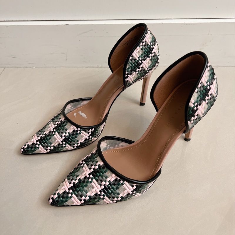 Charles & Keith 粉紅 X 深綠 藤編千鳥格紋高跟鞋-0