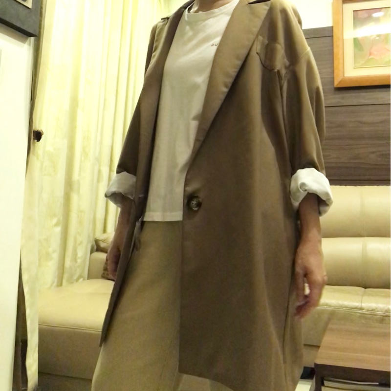MO-BO專櫃復刻設計款 韓風同步 老爹風衣外套 寬版Oversized 西裝外套 繭型 駱色系-5